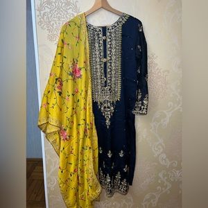 Georgette Silk Navy Blue Party Kameez